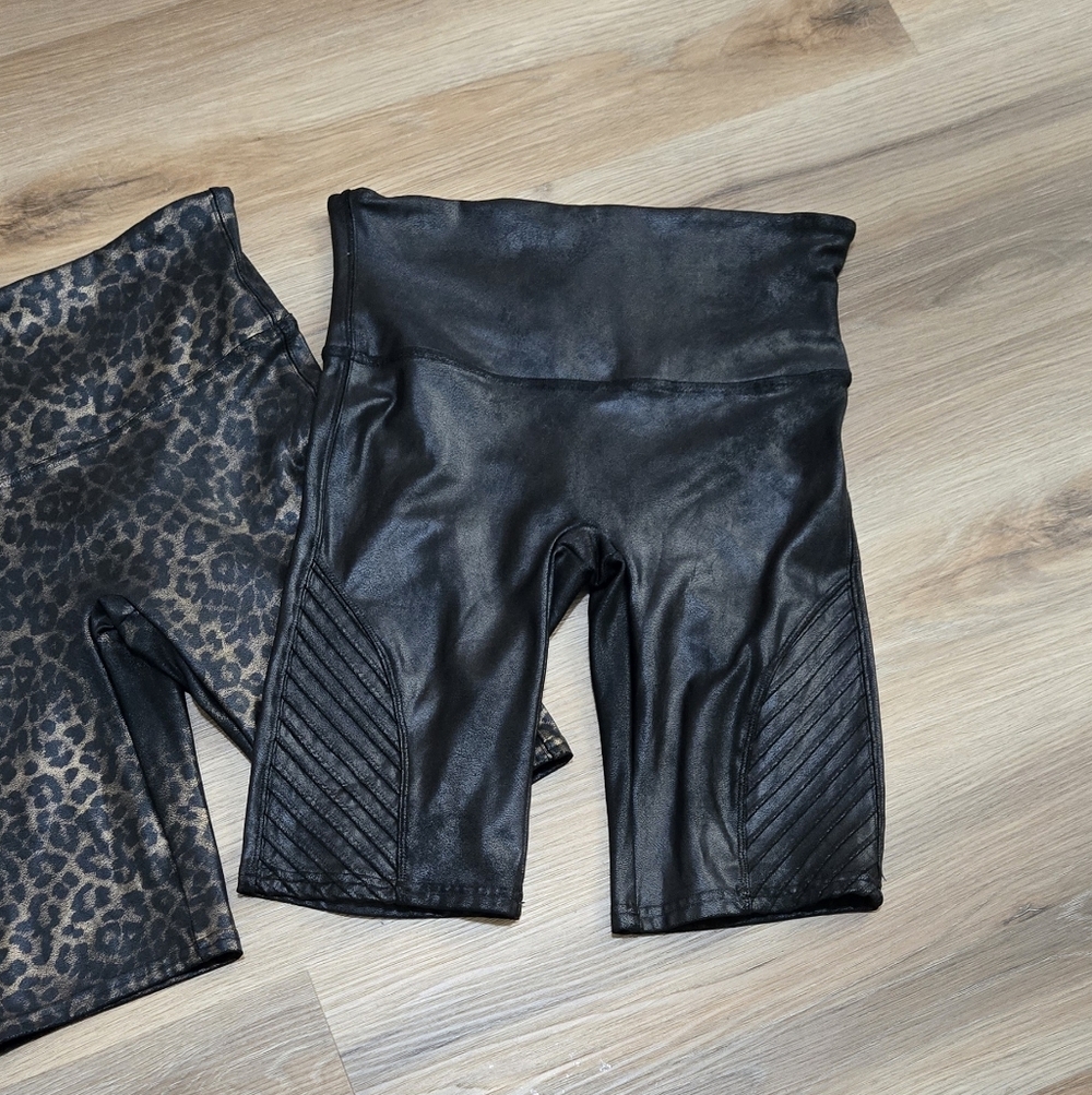 Spanx 2 Pair Black and Leopard Faux Leather Biker Shorts - Picture 3 of 15